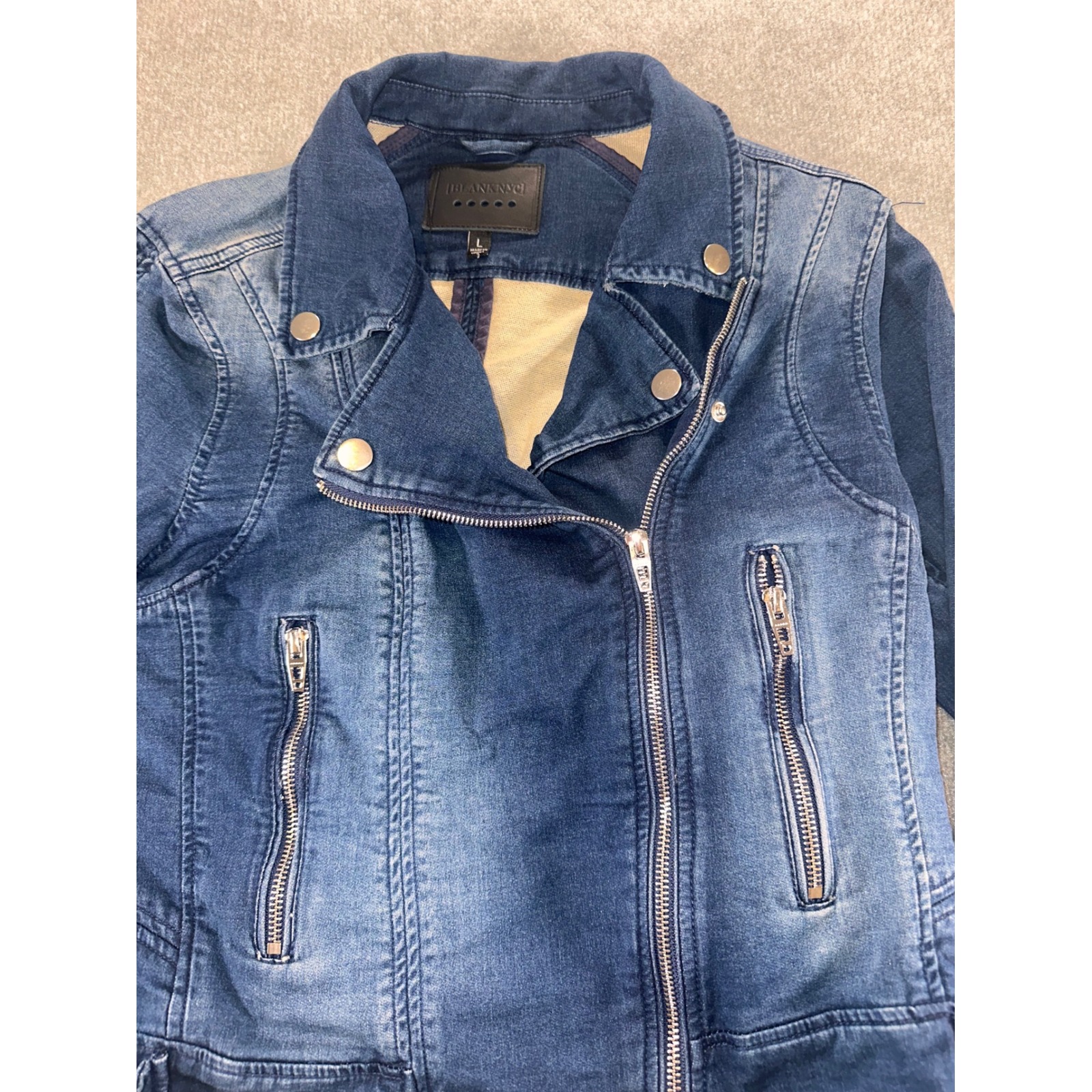 Blank Nyc Womens Blue Denim Moto Jacket Asymmetrical Zip Biker Coat Size Large